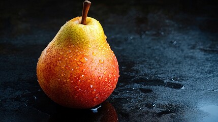 Elegantly Lit Ripe Pear on Polished Surface with Dew Drops: Perfect for a Serene Poster in Contemporary Interiors or Kitchen Décor