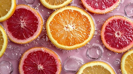   A group of oranges and grapefruits on an ice-covered table in water