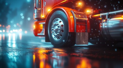 A close-up view of a truck's wheel on a wet road, illuminated by city lights in a rainy atmosphere.