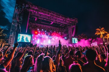 The night festival buzzes with energy as thousands of fans raise their hands, captivated by the electrifying live performance on stage amid colorful lights