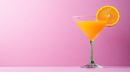 Sticker -   Close-up of a drink in a glass with an orange slice on the rim and a pink background wall