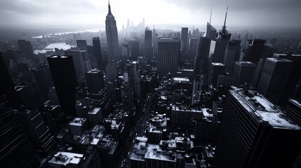 A dramatic black-and-white view of a sprawling urban skyline, showcasing towering buildings and a moody atmosphere.