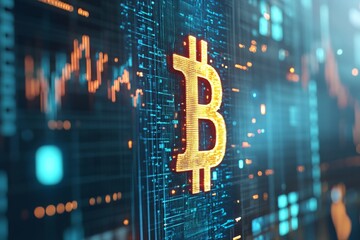 Wall Mural - A large glowing Bitcoin symbol is prominently displayed on a digital screen filled with vibrant cryptocurrency data, trends, and analytics