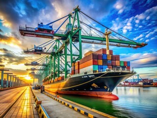  Cargo containers being loaded onto a large commercial vessel by a towering crane at a bustling port in Palembang, Indonesia, for international trade.