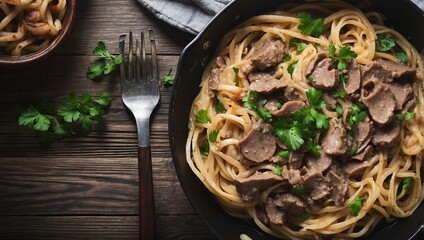 Close-up top view of linguine in a skillet with brown sauce, chicken liver, onions, and parsley, on a dark wood surface