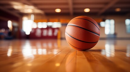 A close-up view of a basketball background on a polished wooden gym floor, with a blurred background of a sports facility. 