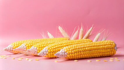 Wall Mural - several ears of corn placed on a pink surface with a pink background. The corn is arranged in a row, with the kernels facing outward. The husks have been partially removed