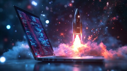 A rocket launching from a laptop with code displayed on the screen