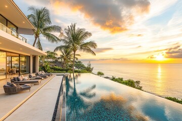 Wall Mural - A stunning beachfront villa features an infinity pool, providing breathtaking ocean views. The vibrant colors of sunset create a serene and inviting atmosphere