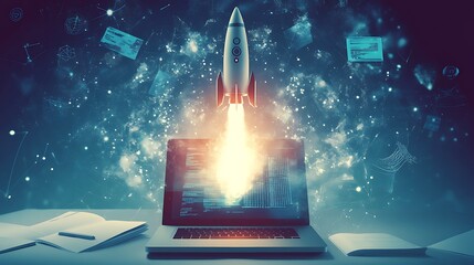 Rocket Launching From a Laptop With a Digital Background