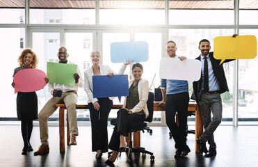 Sticker - Business people, speech bubble and happy in portrait, office and team with mockup space at job. Men, women and group with diversity, poster and vote with opinion, support or news at insurance agency