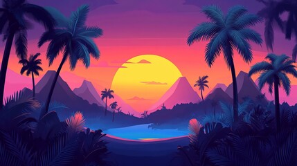 A flat cartoon-style panoramic landscape depicting a sunset with palm trees set against a vibrant, colorful background. Vector illustration.