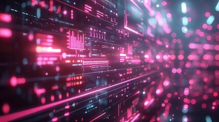 Wall Mural - Futuristic abstract data visualization with glowing pink lights and dynamic patterns representing digital technology.