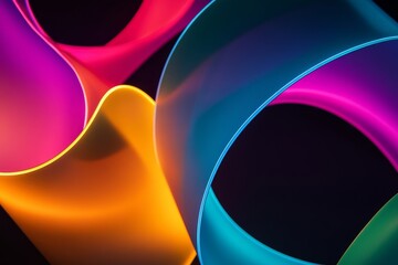 Wall Mural - A display of minimalist neon-colored abstract forms curves gracefully against a dark backdrop, highlighting the interplay of light and shape in contemporary art