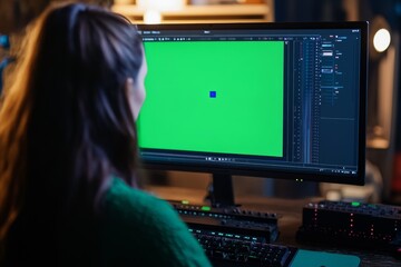 Poster - A video editor works intently at a computer, adjusting elements on the screen while surrounded by equipment in a low-light environment during evening hours