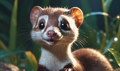 Wall Mural - a small brown and white weasel with large eyes smiles into the camera, with green foliage blurred in