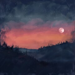 Wall Mural - A Full Moon Rises Over a Silhouetted Forest Against a Pink Sky Filled With Stars