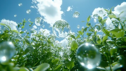 Wall Mural -   A cluster of airborne bubbles hovering above a verdant field dotted with foliage and a cerulean sky