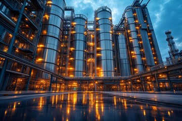 Industrial complex at twilight with illuminated silos and reflective surfaces