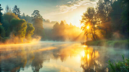 Wall Mural - Misty morning scene with mist floating on river water at sunrise, blurred forest background with soft lighting from sunrise, Ai generated Images