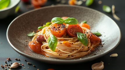 Wall Mural - A delicious plate of spaghetti topped with cherry tomatoes and fresh basil, showcasing a vibrant and appetizing meal.