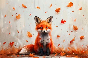 Wall Mural - Red fox playing with autumn leaves, with warm tones and delicate details, evoking the magic of the season