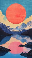 Wall Mural - A tranquil landscape showcases a large sun setting over mountains, with vibrant colors reflecting in a calm lake below