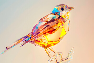 A vibrant crystal bird rests on a delicate branch