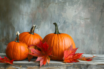 Three pumpkins with colorful autumn leaves set on a wooden surface