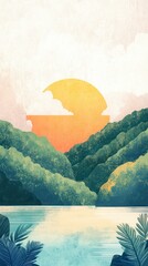 Wall Mural - Soft hues of orange and green create a peaceful sunset above serene waters surrounded by vibrant mountains