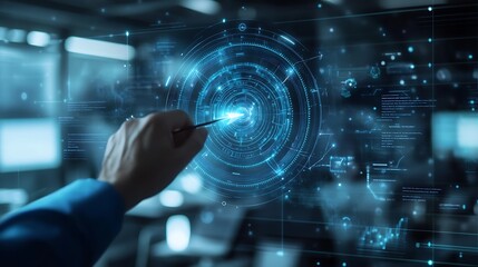 Hand Interacting with a Digital Interface with a Glowing Blue Circle in the Center