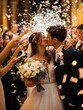 © woters - Joyful wedding celebration with the couple surrounded by guests throwing confetti in a romantic venue at night