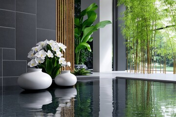 Poster - A minimalist spa design featuring a clean, white interior with a zen garden, bamboo accents, and a tranquil water feature