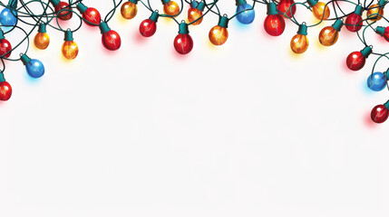 Colorful Christmas lights border a white background in a vector illustration style with space for text