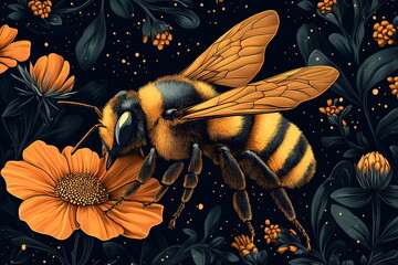 Wall Mural - A close-up illustration of a bee pollinating a flower, biodiversity in a sustainable ecosystem