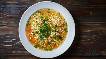 Comforting bowl of chicken noodle soup, adorned with fresh parsley, presented on a rustic wooden surface, offering comfort and sustenance