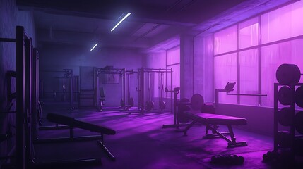 Wall Mural - A Purple-Lit Gym with Workout Machines and Weights