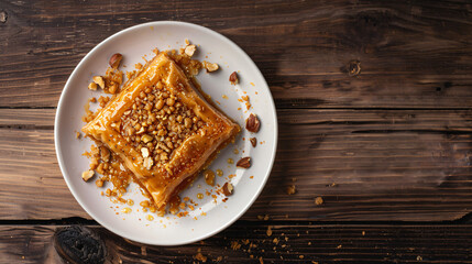 Canvas Print - Serving of baklava with syrup and chopped nuts on a rustic wooden table