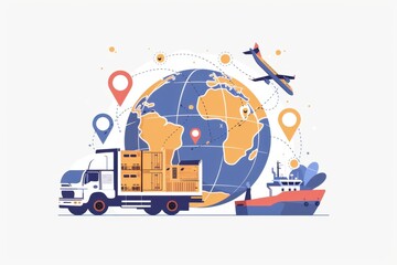 illustration of global logistics, depicting a truck and cargo ship on a globe, with an airplane flying around it and pins showing locations, against a white background Generative AI