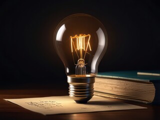 Illuminated lightbulb glowing warmly atop a written idea on paper