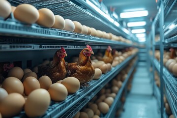 Chickens gathering around eggs in an indoor farming facility during daylight hours