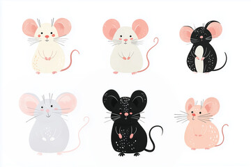 set of cute scandinavian-style mouse illustrations in various colors