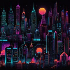 A T-shirt design featuring neon lit cityscapes robotic figures and glitchy text elements.