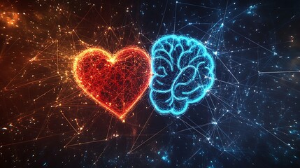 Poster - Abstract illustration of a glowing heart and brain connected by a network of lines