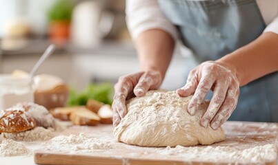 Wall Mural - hands of a baker kneading bread dough with flour and water