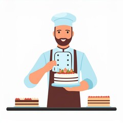 Cartoon chef making cake. Vector man cooking cupcake with topping. Illustration for homemade or professional confectionery. Dessert baking or sweets baker. Gourmet and culinary, bake profession theme