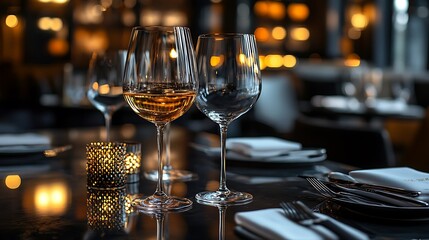 two wine glasses on a table with a candle and fork in a restaurant