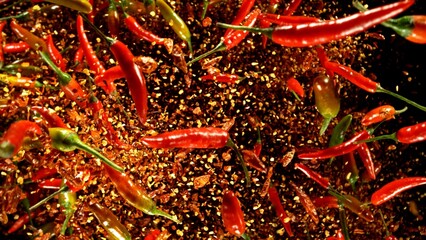 Poster - Group of coloured chilli peppers flying on black background.