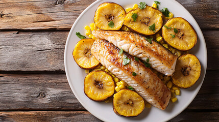 Grilled fish fillet is served on white plate with corn and sliced potatoes, seasoned with parsley on rustic wooden table background