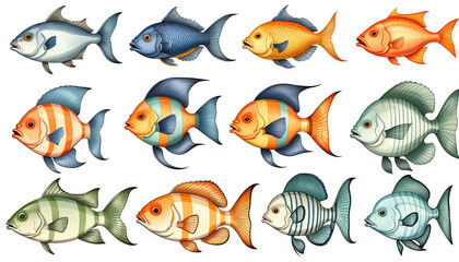 Illustrative and colorful depiction of fishes of different kind in color and shape in a drawn appearing style